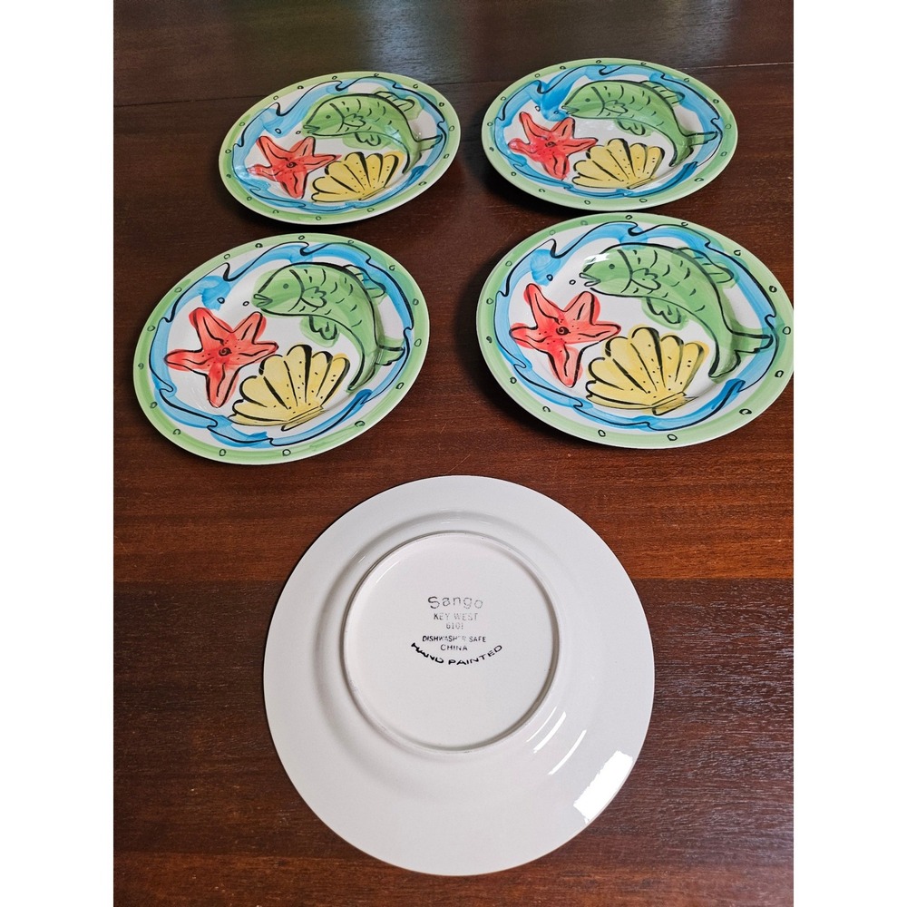 Sango Key West Salad Plates Set of 5 Green Red Nautical Fish Starfish 8in - Picture 5 of 7